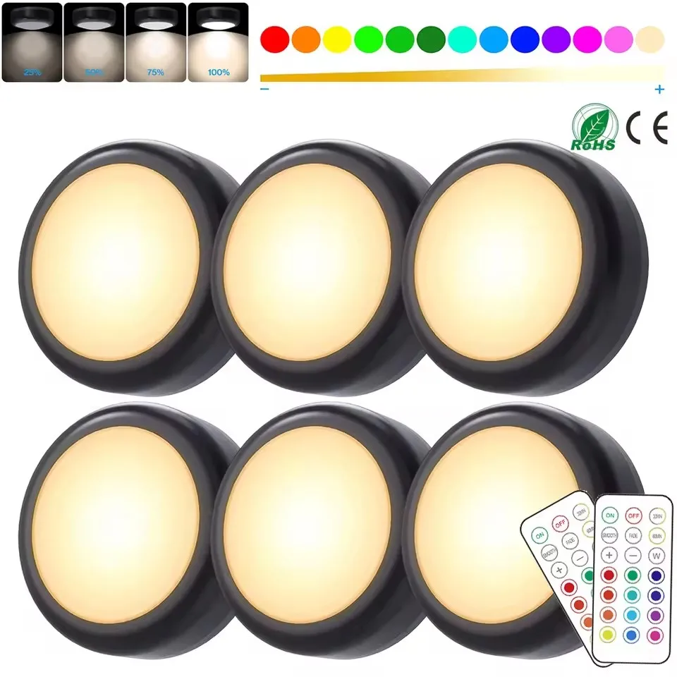 RGBW LED Puck Night Lights Remote Control Dimmable Under Cabinet Light Battery Operated Wireless Push Lamp Kitchen Closet