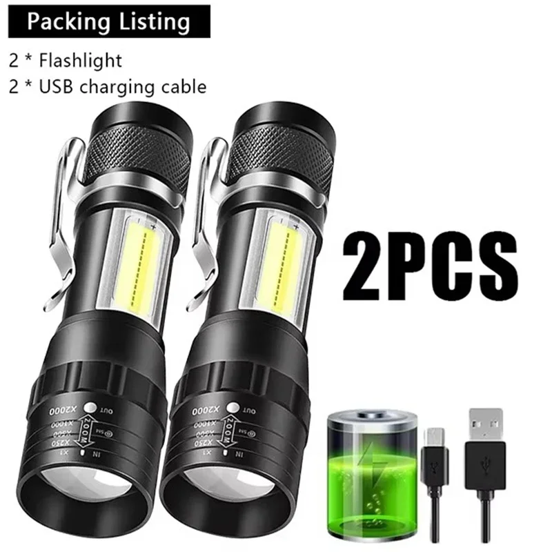 2PCS Mini COB LED Pocket Flashlight Rechargeable Torch with Pen Clip Tactical Lamp Outdoor Camping Waterproof Emergency Lantern