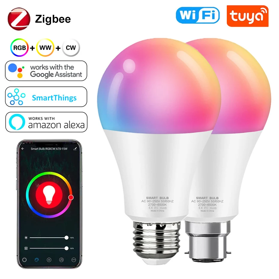 Zigbee Smart LED Light Bulb 15W E27 B22 RGB+WW+CW Tuya WiFi Lamp Dimmable Voice Control Compatible With Alexa for Home Decor