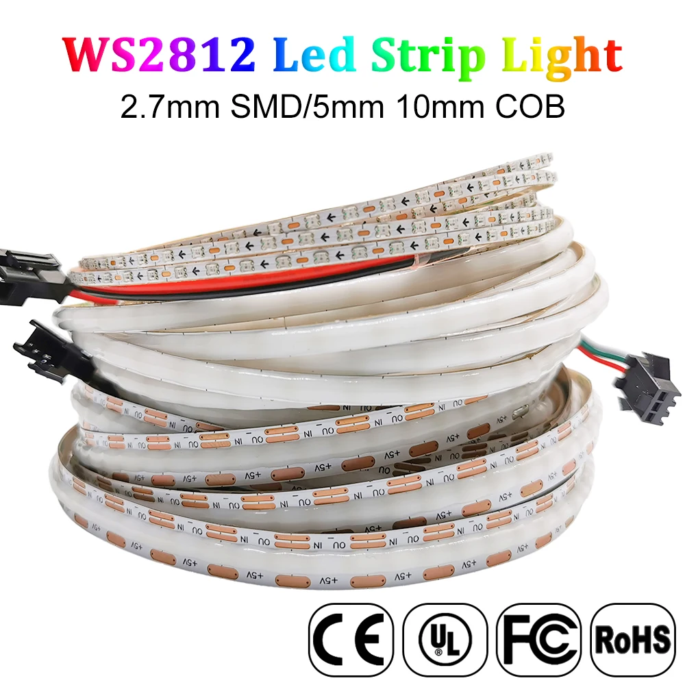 DC5V 12V WS2812 Individually Addressable COB Led Strip Light Luces FOB RGBIC 160Led/M High Density Flexible Pixel 2.7mm 5mm 10mm