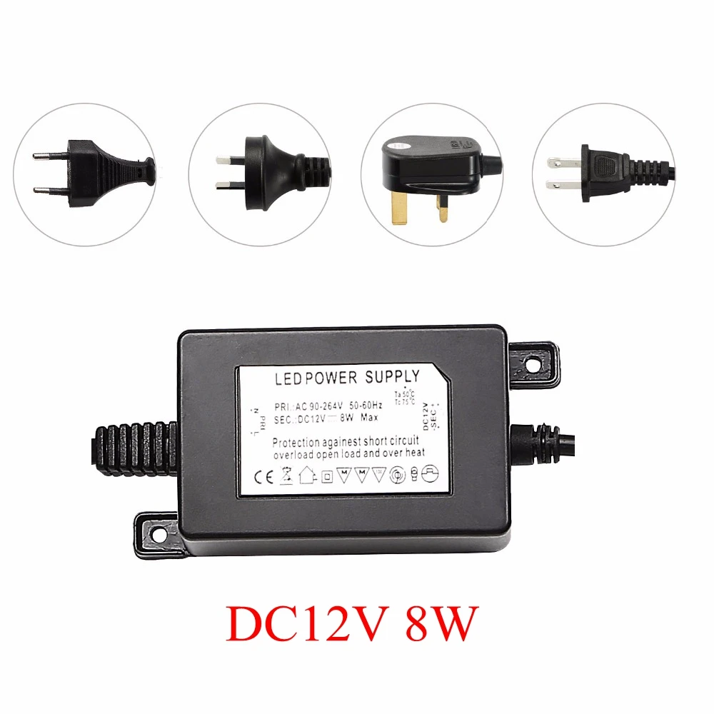 IP67 Waterproof DC12V 8W Transformer Power Supply Driver for LED Light Outdoor or Indoor EU,US,UK,AU plug