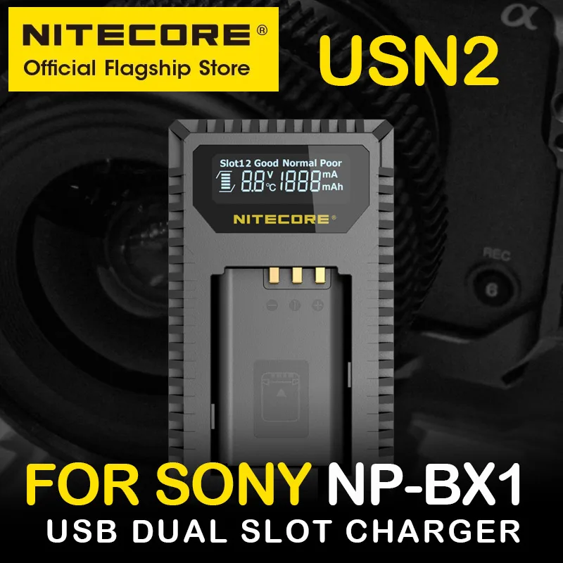 NITECORE USN2 Digital Camera Charger Dual Slot USB intelligent for Sony NP-BX1 Camera Battery, Over Discharge Battery Activation