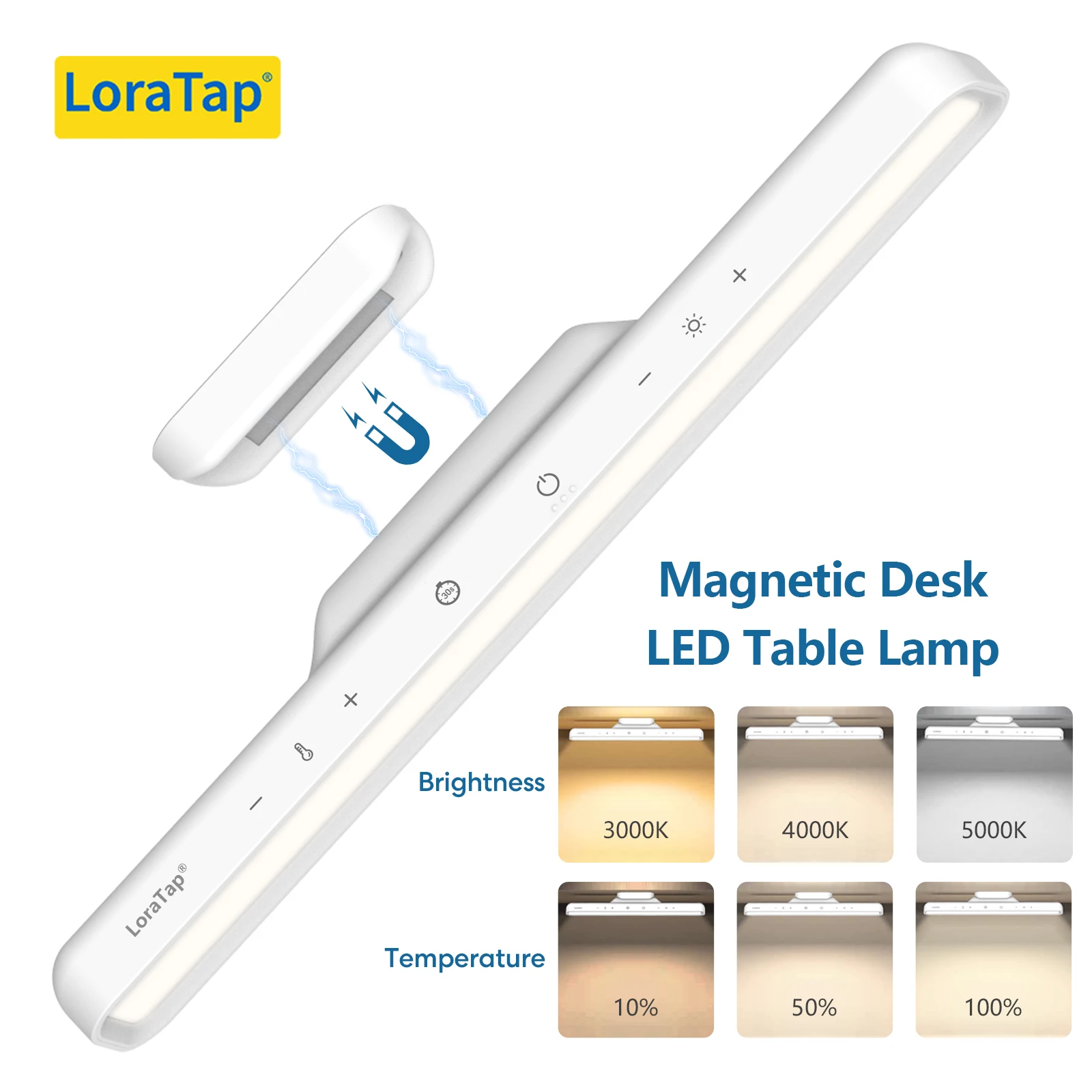LoraTap Magnetic LED Desk Lamp Dimmable Brightness and Color Temperature with Continuous Adjustment For Closet, bedside, reading