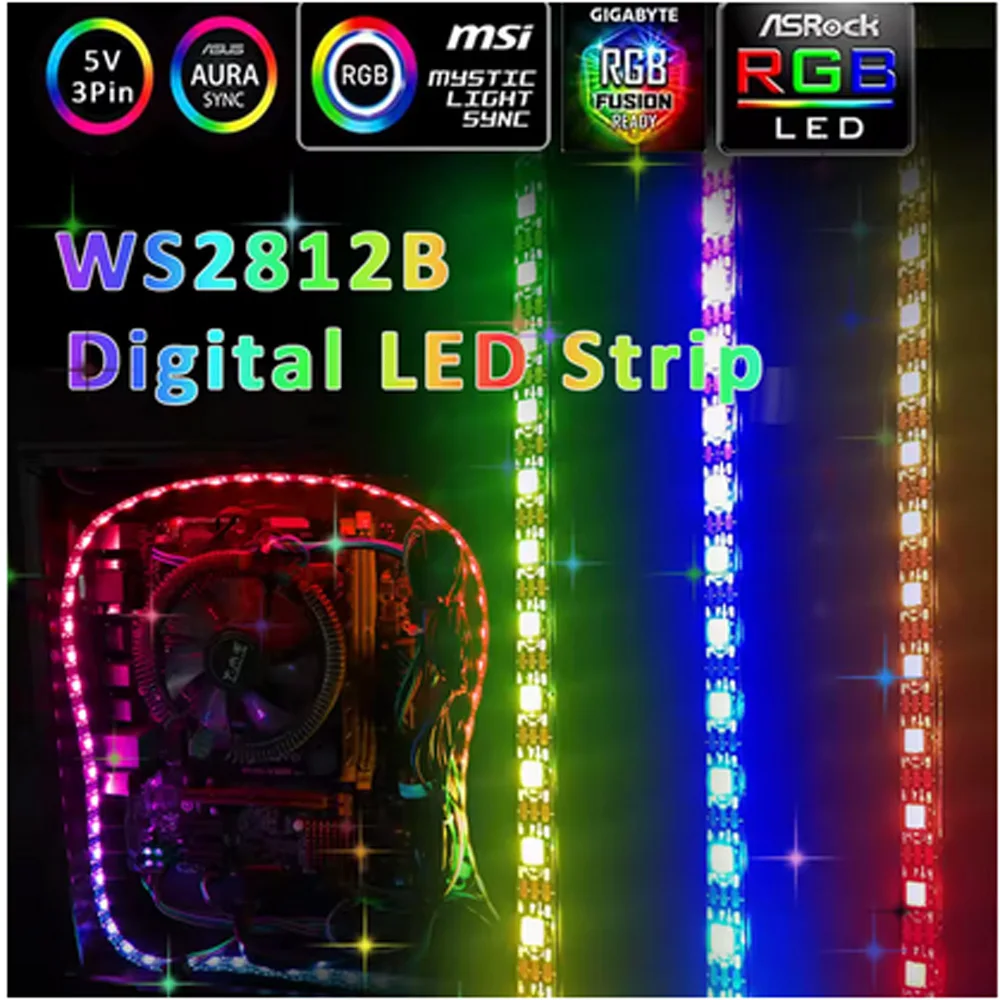 Multicolor Addressable ARGB5V LED Strip Lights 3Pin WS2812B SMD5050 Flexible Computer PC Case Tape Light for Gamer Desktop