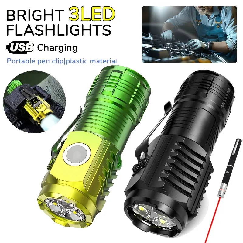 3LED Super Bright LED Flashlight Portable Mini Keychain Torch USB Rechargeable Outdoor Camping Emergency Lantern with Pen Clip