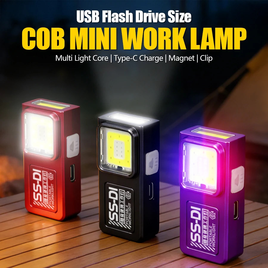 Mini COB LED Flashlight Rechargeable Portable EDC Torch USB C Pocket Lantern Flood Work Light with Clip Magnet for Emergency