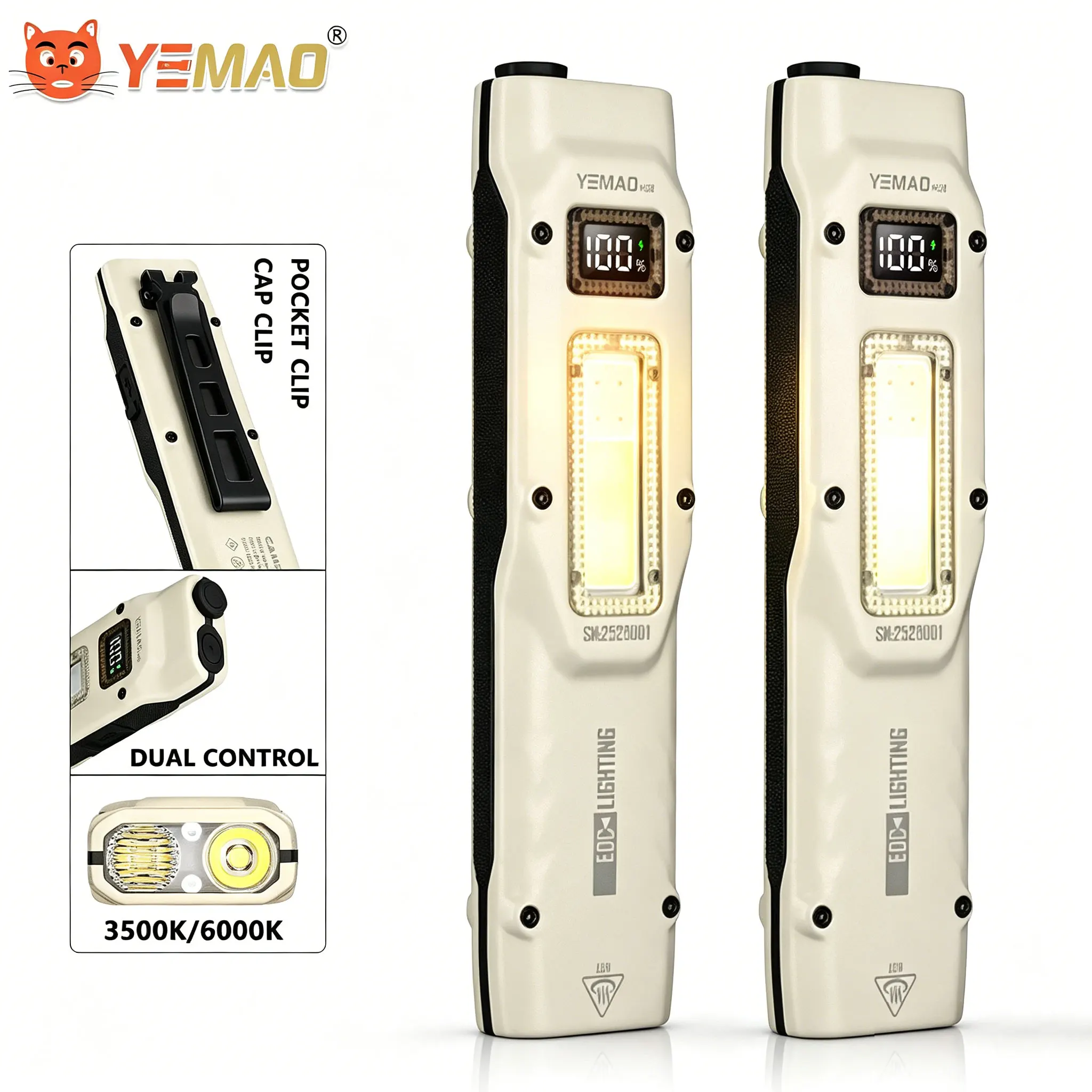 Portable 880LM YEMAO M28 Ultra-thin Tactical work Flashlight With Two Way Clamp 1000mAh dual core XPL wick Digital display IPX4