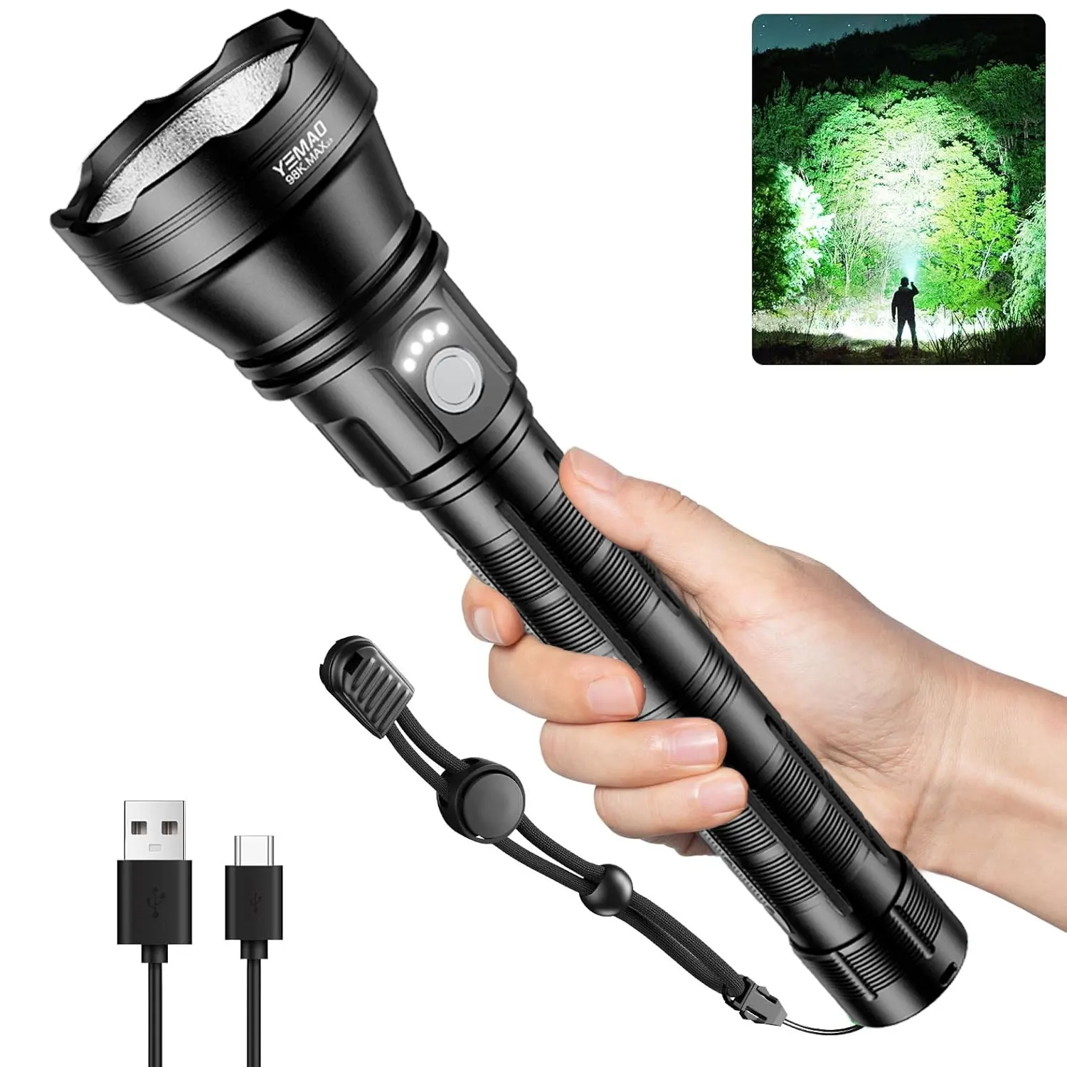 YM-98K 2.0 PROMAX 5200LM Super Bright Flashlight With 6 Lighting Modes Built-in 21140 Battery Search Lights For Outdoor Camping