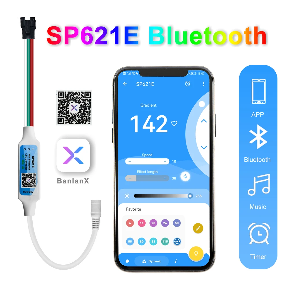 DC5-24V SP621E 3Pin Mini Bluetooth Controller APP Control 600 Pixels For Individually Addressable 5050 RGB Led Strip Light Ring