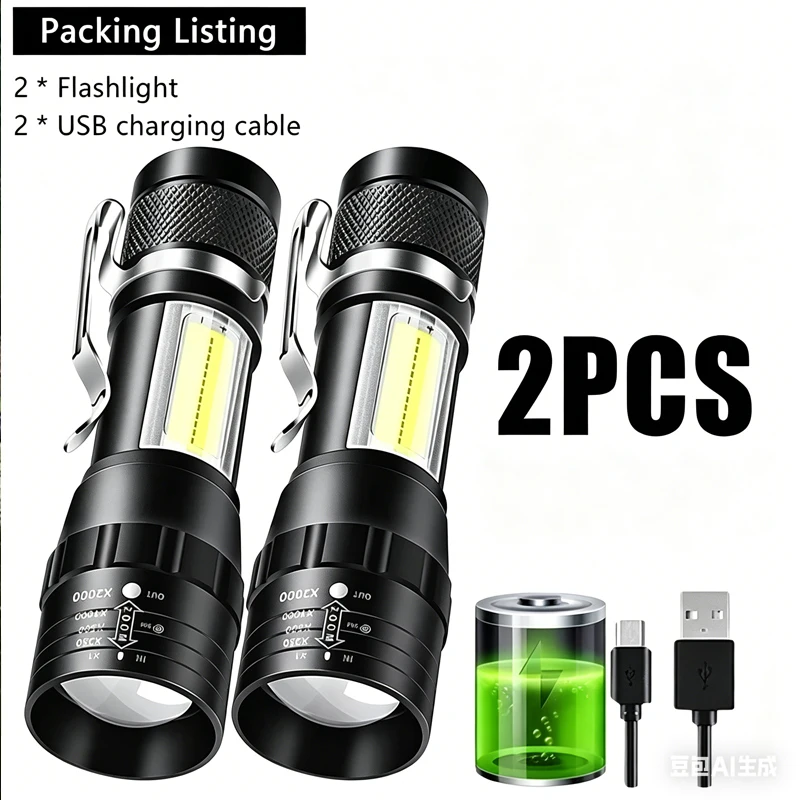 Powerful Mini LED COB Flashlight USB Rechargeable Zoomable Torch with Pen Clip Outdoor Camping Emergency Portable Flashlight