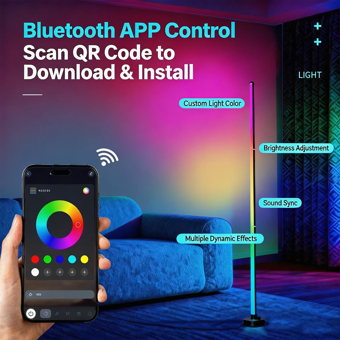 Floor Lamp Bright Standing Lamp Smart RGB LED Corner for Living Room Bluetooth APP and Remote,Modern Floor Lamp with Music Sync
