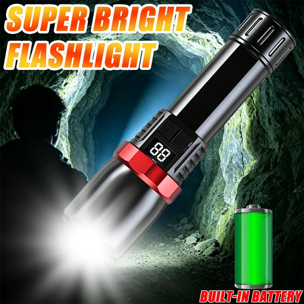 Super Bright LED Flashlight USB Rechargeable Torch Powerful Zoomable Light Portable Lantern for Outdoor Camping Hiking Survival
