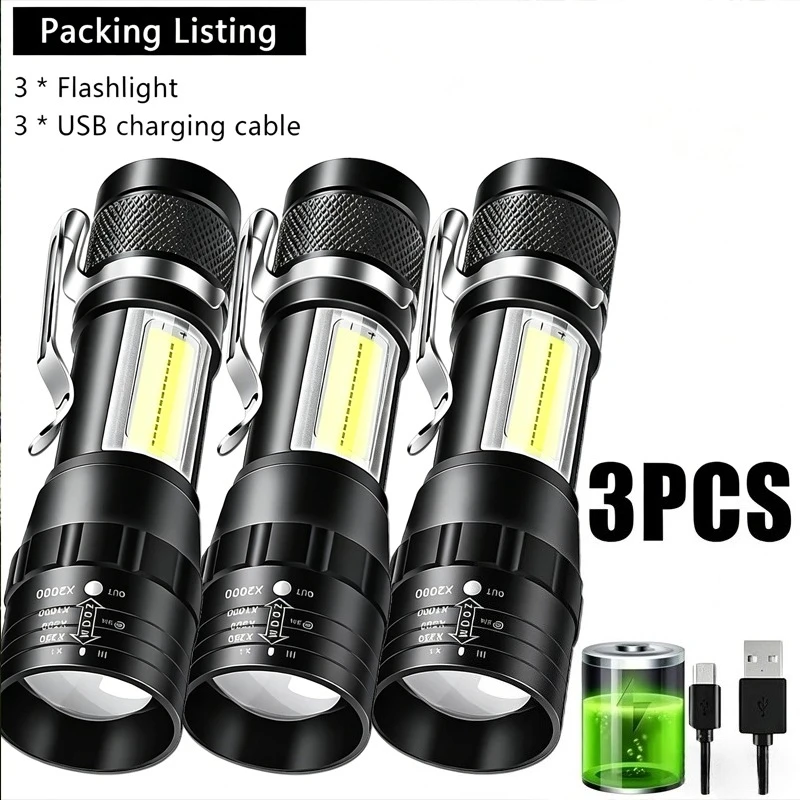 KDULIT Portable Zoom LED Rechargeable Flashlight 3 Lighting Mode Camping Light Mini Torch Built in Battery Waterproof Long Range