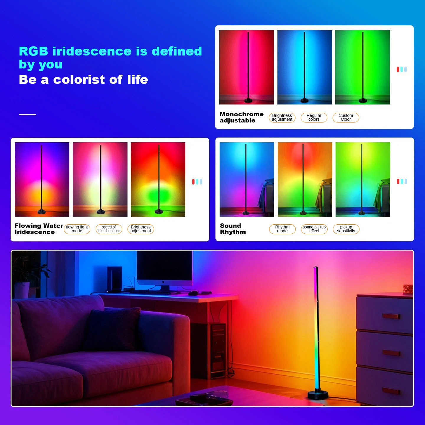 Smart RGB LED Corner Floor Lamp Bright Standing Lamp for Living Room with APP and Remote,Modern Floor Lamp with Music Sync