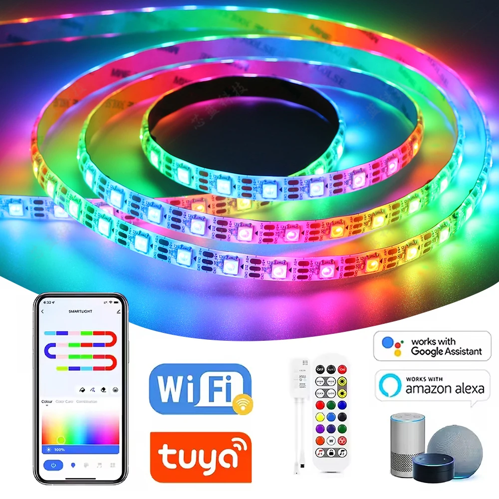 WS2812B TUYA Wifi RGBIC APP Control LED Strip Lights WS2812 Addressable Chasing Effect LED Light Tape DC5V for Alexa Google LED