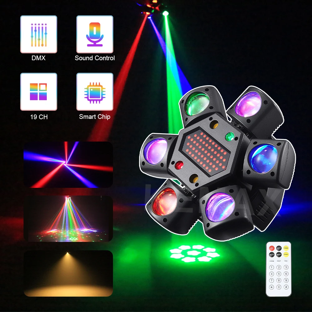 80W Moving Head LED Disco Lights 6-arm Mini Beam Strobel Effect Party DJ DMX512 Remote Control Stage Nightclub Wedding Bar