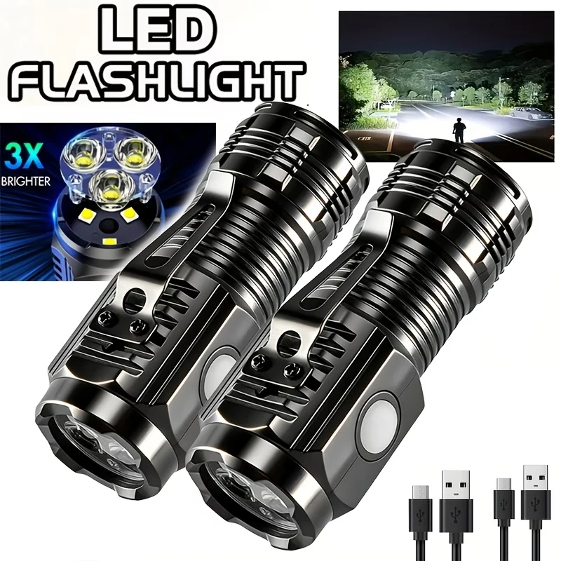 Mini Powerful 3 LED Flashlight USB Rechargeable Built-in Battery Torch 5 Modes Waterproof Lamp with Tail Magnet Tactical Lantern