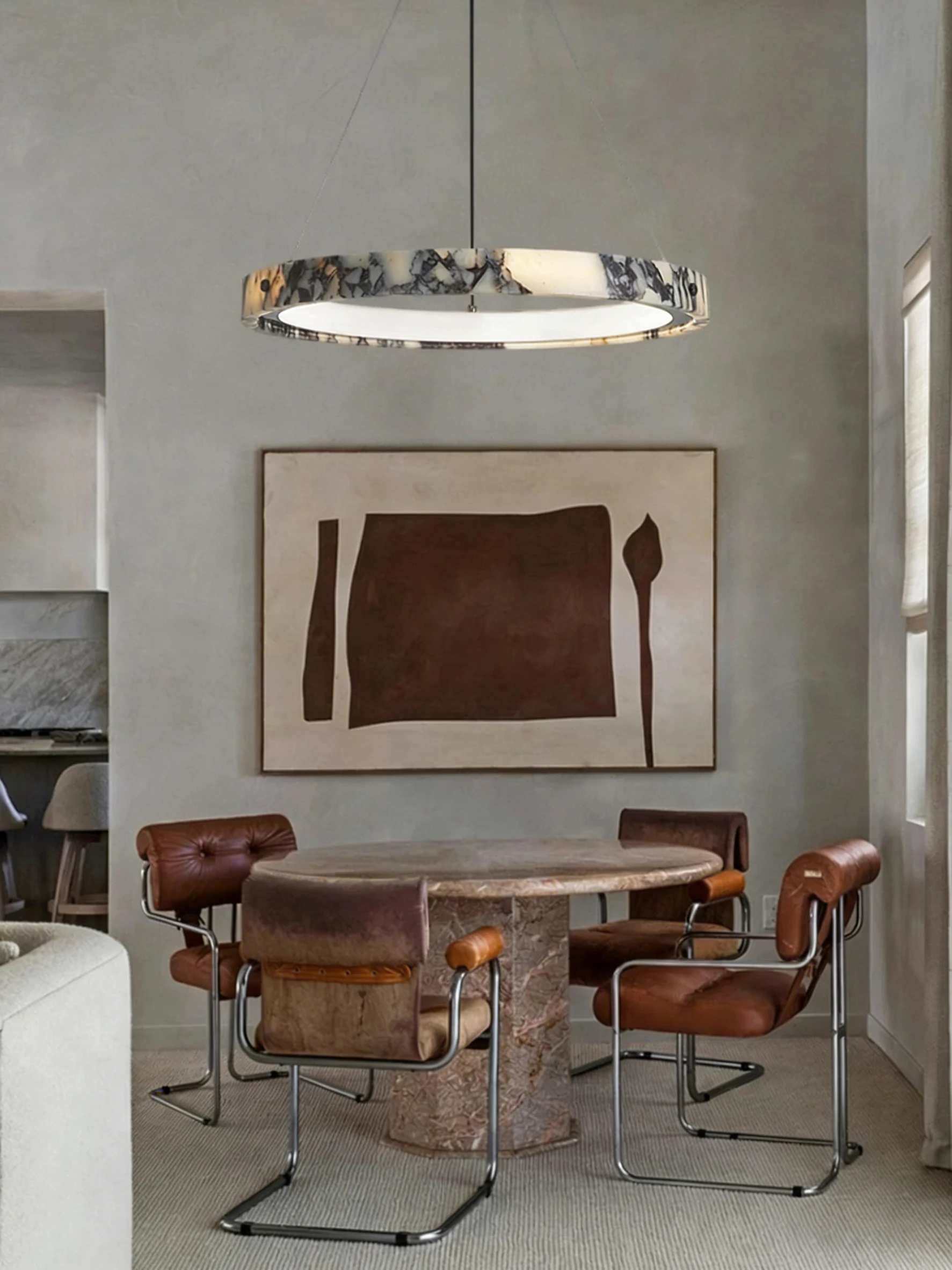 REVEN Modern ring Marble Ceiling Chandelier Designer Luster Suspended Adjustable Height Dimmable Chrome Gold for Living Room