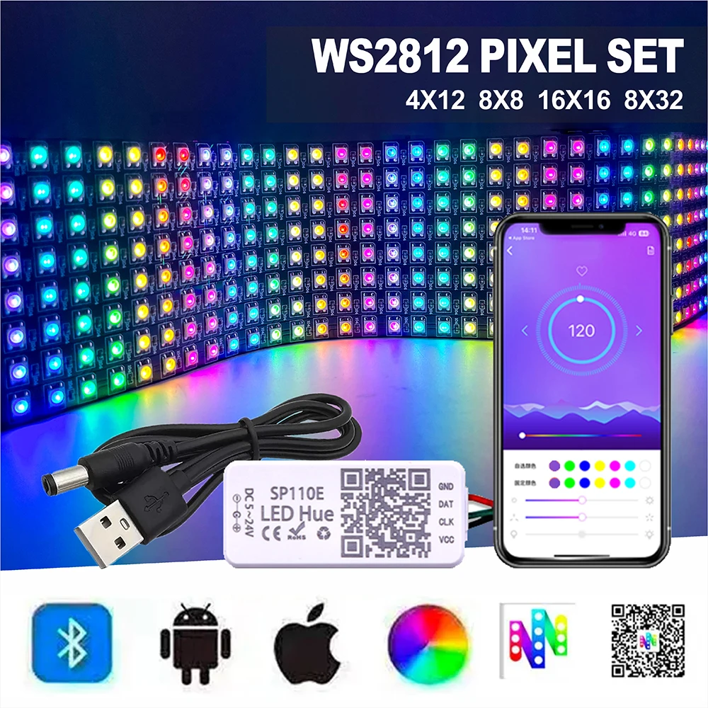 LED Pixel 5v USB WS2812B SP110E Kit Individually Addressable Connector with SP110E Bluetooth APP Controller 4×12 8×8 16×16 8×32