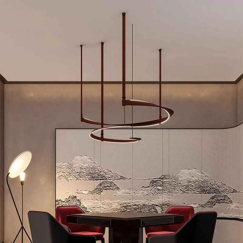 Nordic retro leather Vortex ring LED chandelierCeiling Adjustable lustre for Study Studio Dimmable Home interior lighting