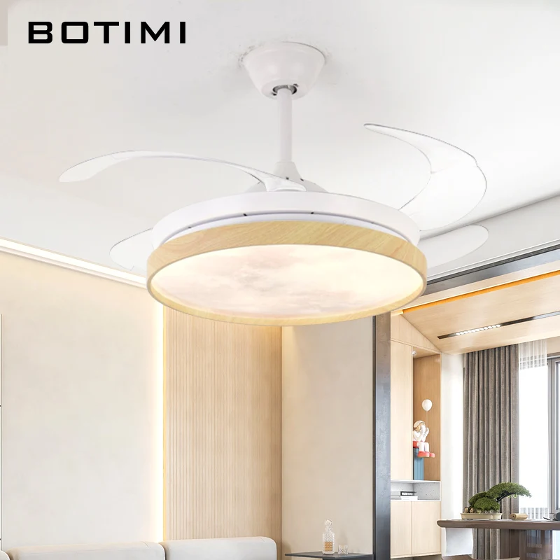 BOTIMI 2025 42 Inch Foldable Ceiling Fans With Lights For Living Room Bedroom Motor Electric Fan Lamp Home Remote Ventilator