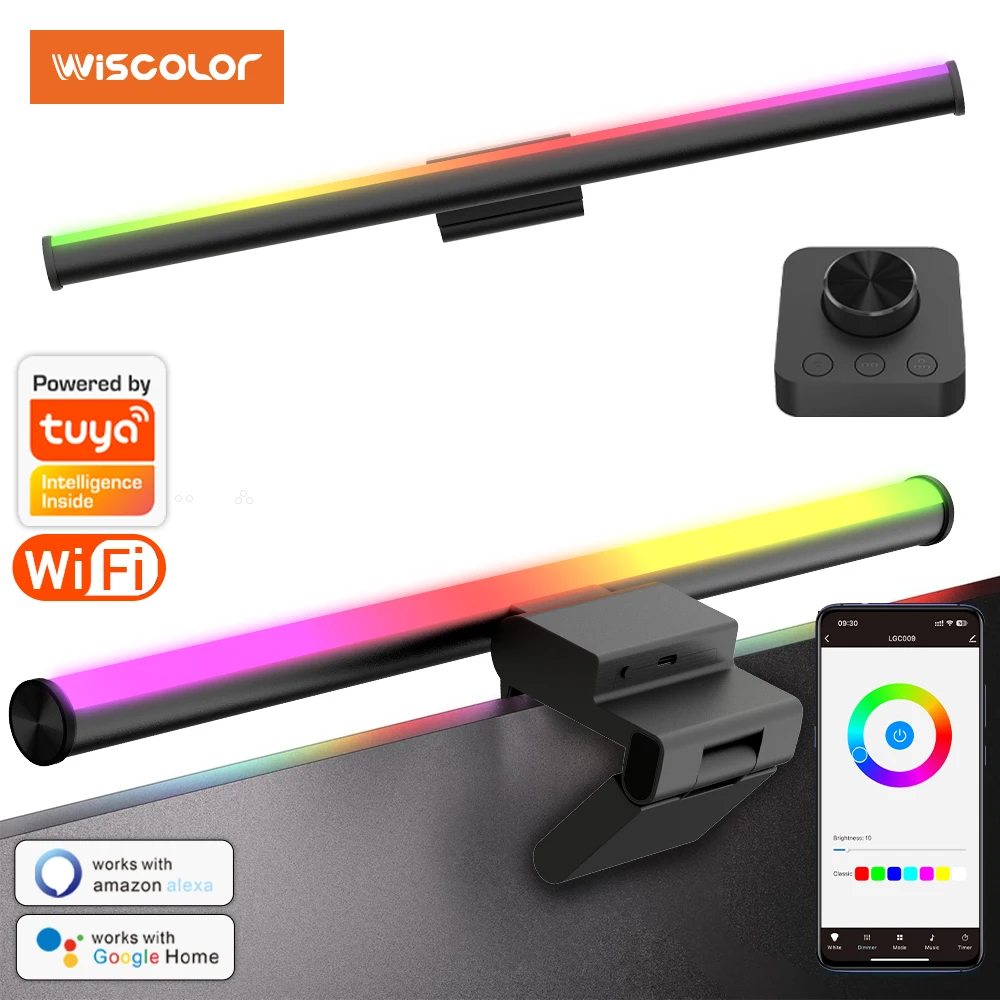 Wiscolor WIFI Smart Monitor Light Bar Stepless Dimming RGBIC Screen Hanging Light Supports app and voice control For Work Gaming