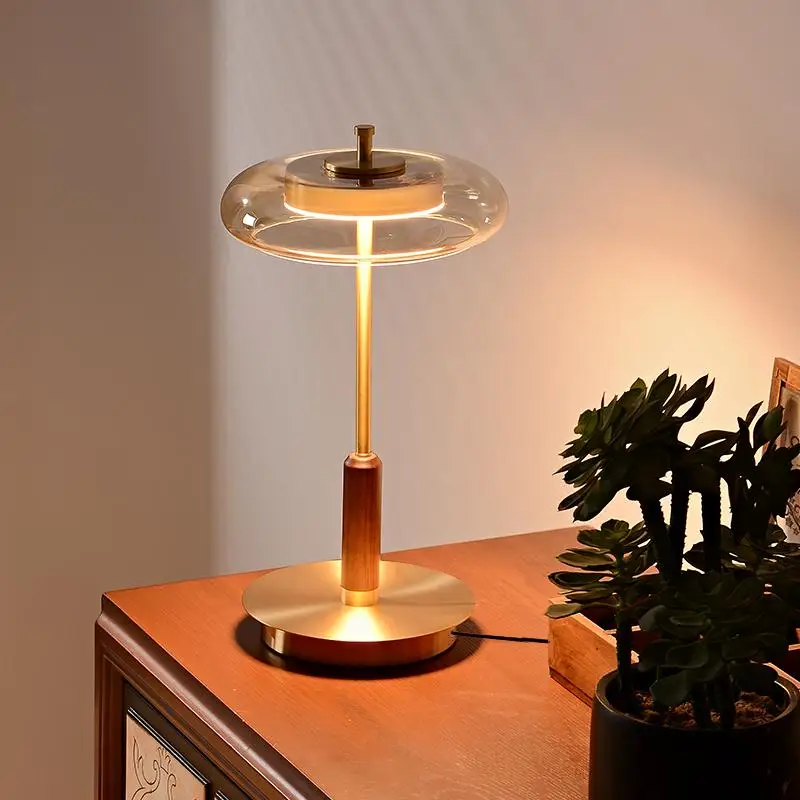 12W LED Copper Table Lamp Brightness Adjustable Living Room Study Bedside Night Light Brass Walnut Medieval Mushroom Desk Light