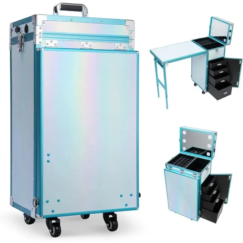 Portable Rolling Manicure Table Foldable Travel Makeup Organizer with Speaker Nail Care Teaching Cart