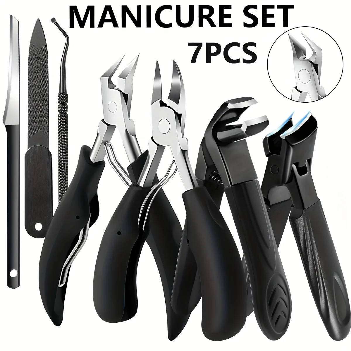 Professional Pedicure Tool Kit 7pcs Heavy-Duty Toenail Clipper Set for Seniors - Angled and Curved Blades, Nail Clippers