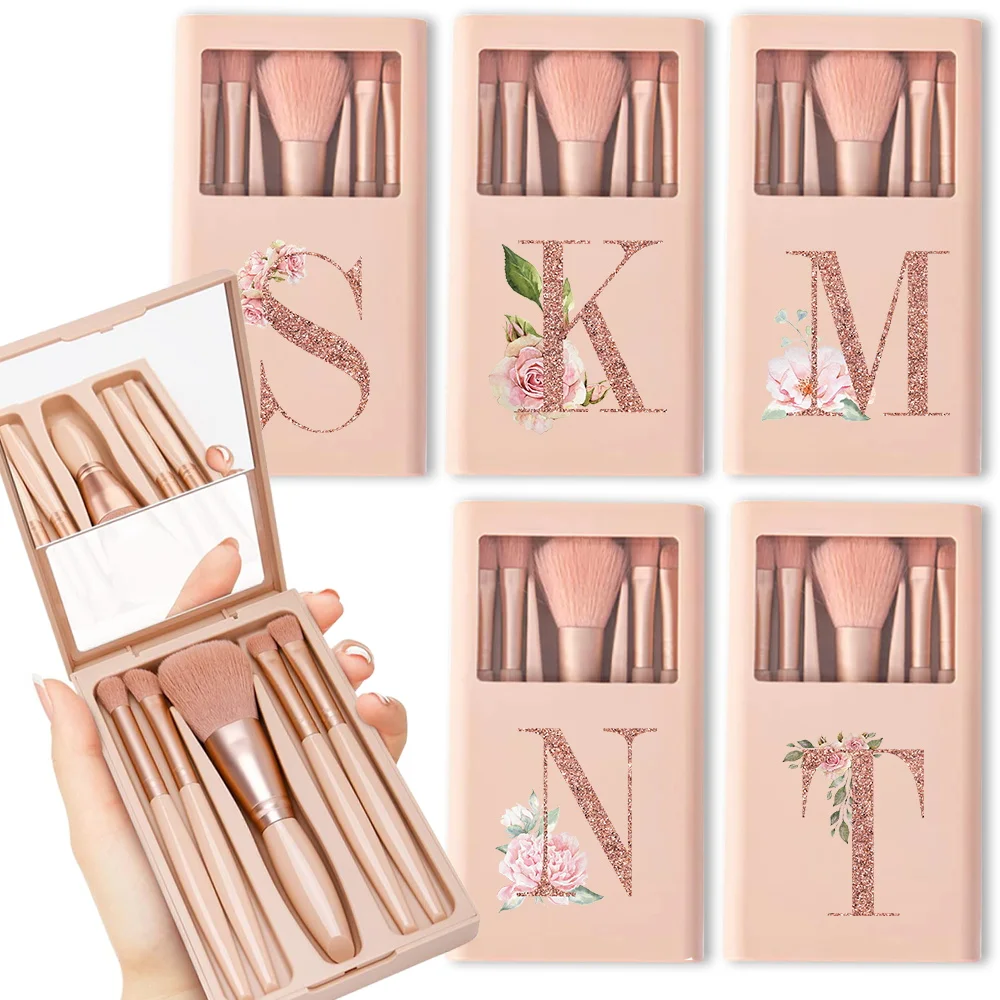 5pcs Cosmetic Brush Kit With Mirror And Case Foldable Box Storage Makeup Brush Set Portable Beauty Tool Rose Gold Letter Pattern