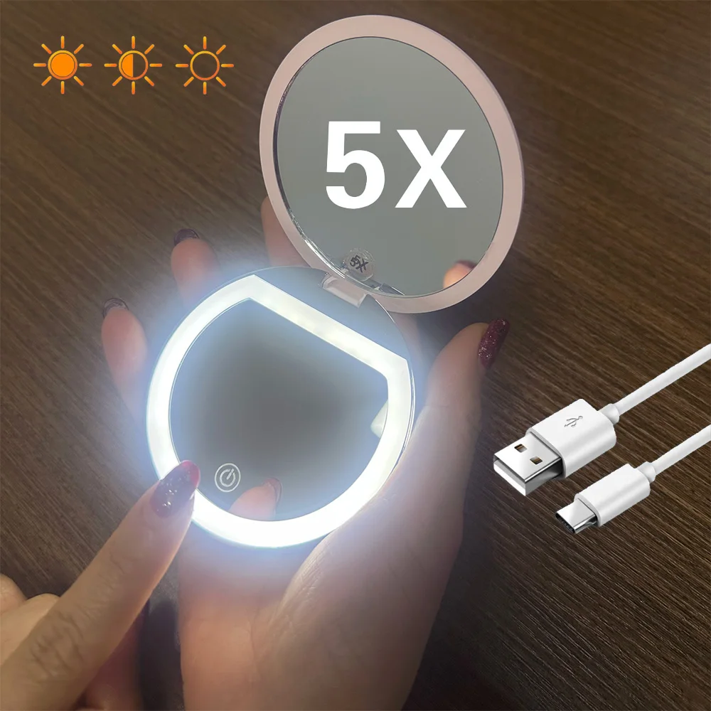 5X Magnification Mini Compact Foldable LED Makeup Mirror Touch Controlled Rechargeable Portable for Travel Pocket Personalized