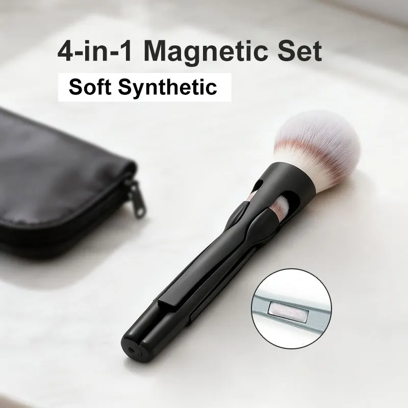 4-in-1 Magnetic Makeup Brush Set, Portable Travel Kit with Soft Synthetic Hair for Foundation Powder Blush Contour, Professional