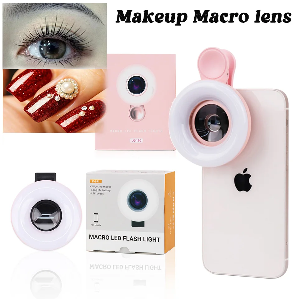 Professional Universal Macro Lens with LED Ring Clip-on Light for Mobile Phone 15-20X Macro Photography For Eyelash Nail Makup