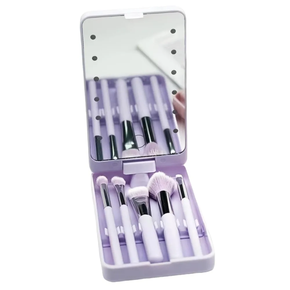 Rotatable Mirror Travel Makeup Brush with Light Adjustable Brightness USB Rechargeable LED Makeup Mirror Brush Set