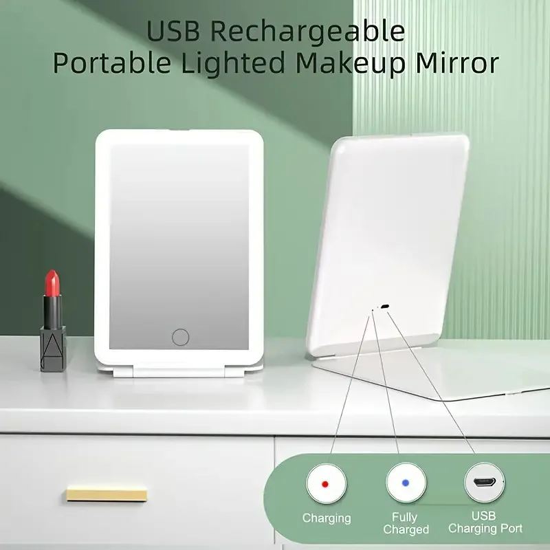 LED Foldable Travel Makeup Mirror 3 Colors Light Modes USB Rechargeable Touch Screen Portable Tabletop Cosmetic Mirror Handheld