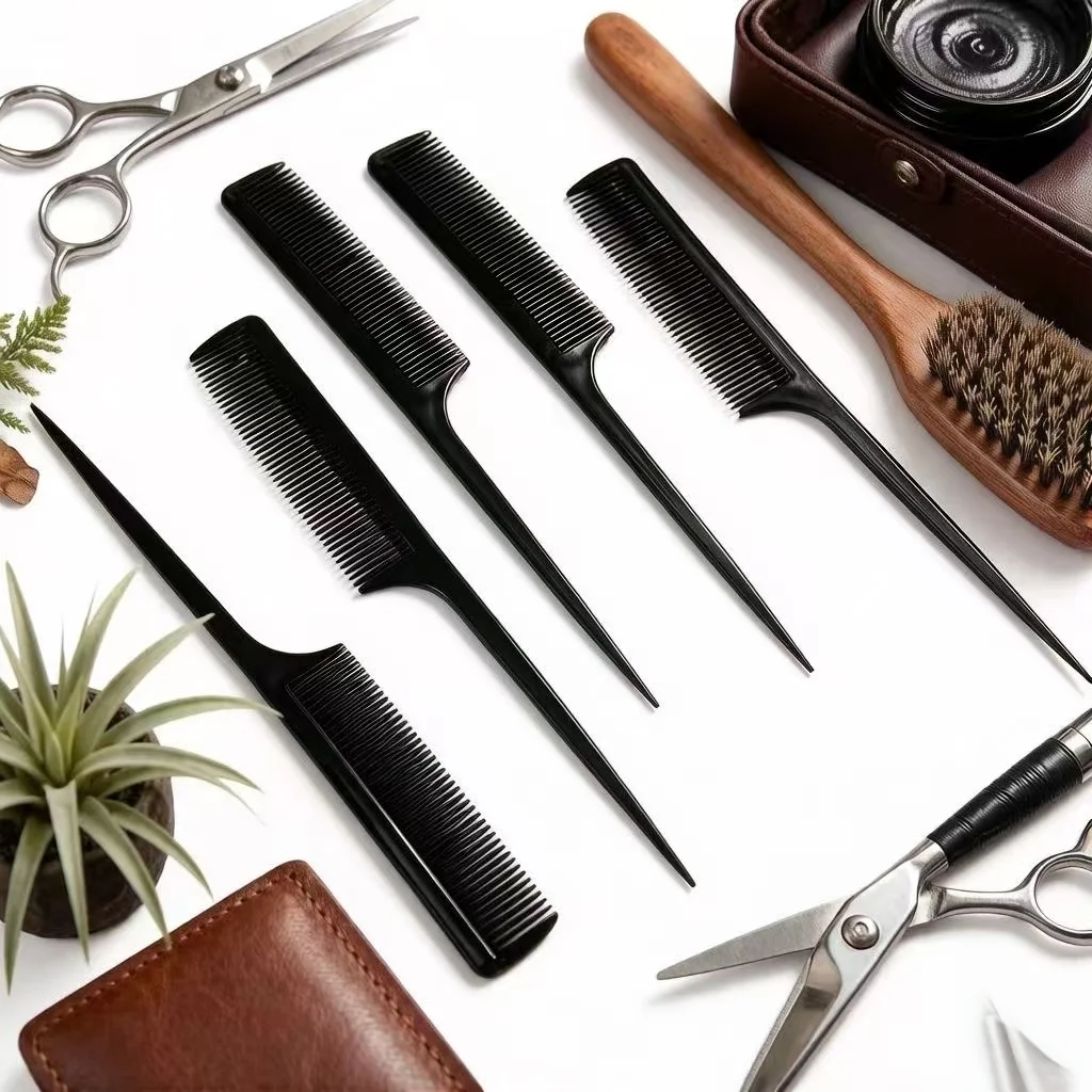 5pcs/Black Tail Comb Set, Professional Fine-Tooth Plastic Combs for Hair Styling