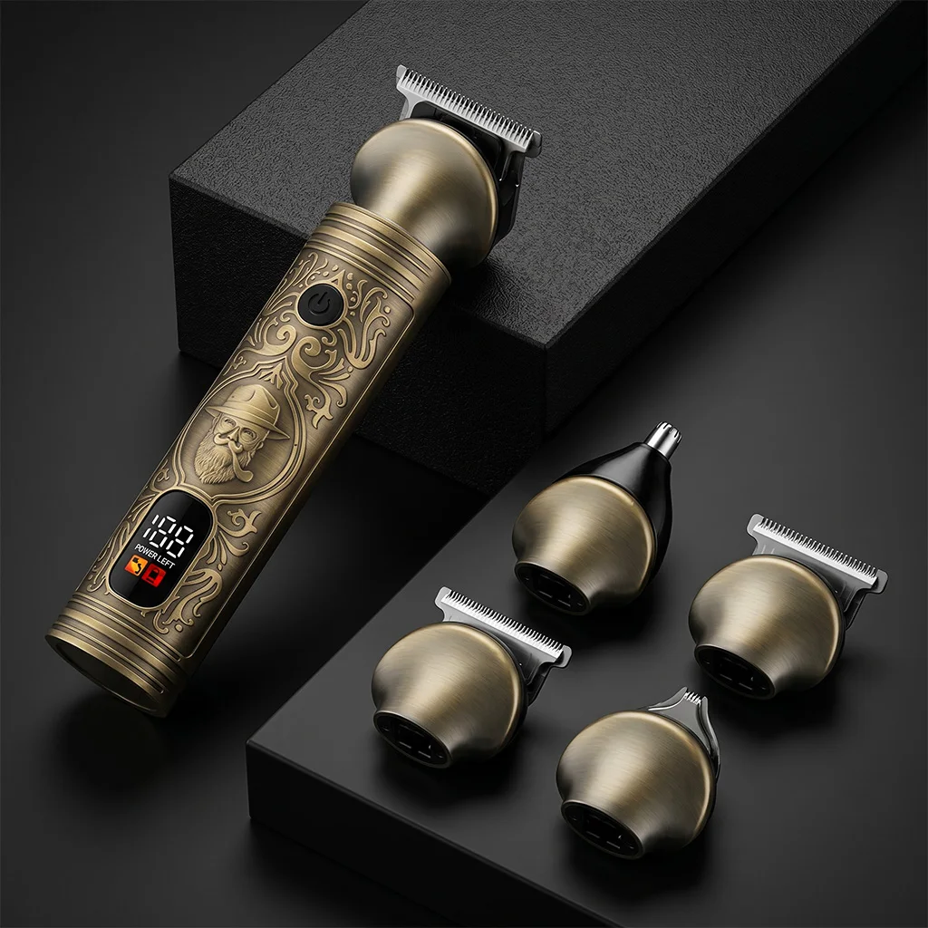 Men's 5-in-1 All-Metal Electric USB Fast Charging Cordless Beard Trimmer with LED Digital Display & 240-Minute Long Battery Life