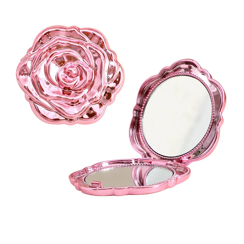 Double Sided HD Mirrors Foldable Rose Makeup Mirror Portable Travel Exquisite Pocket Mirrors Electroplated Pink Cosmetic Mirror
