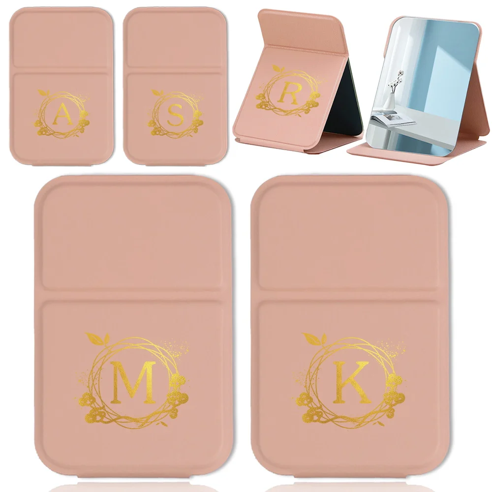Simple Hand-Held Cosmetic Mirror With Foldable Pu Makeup Mirror Pocket Vanity Mirror Travel Accessories Wreath Letter Pattern