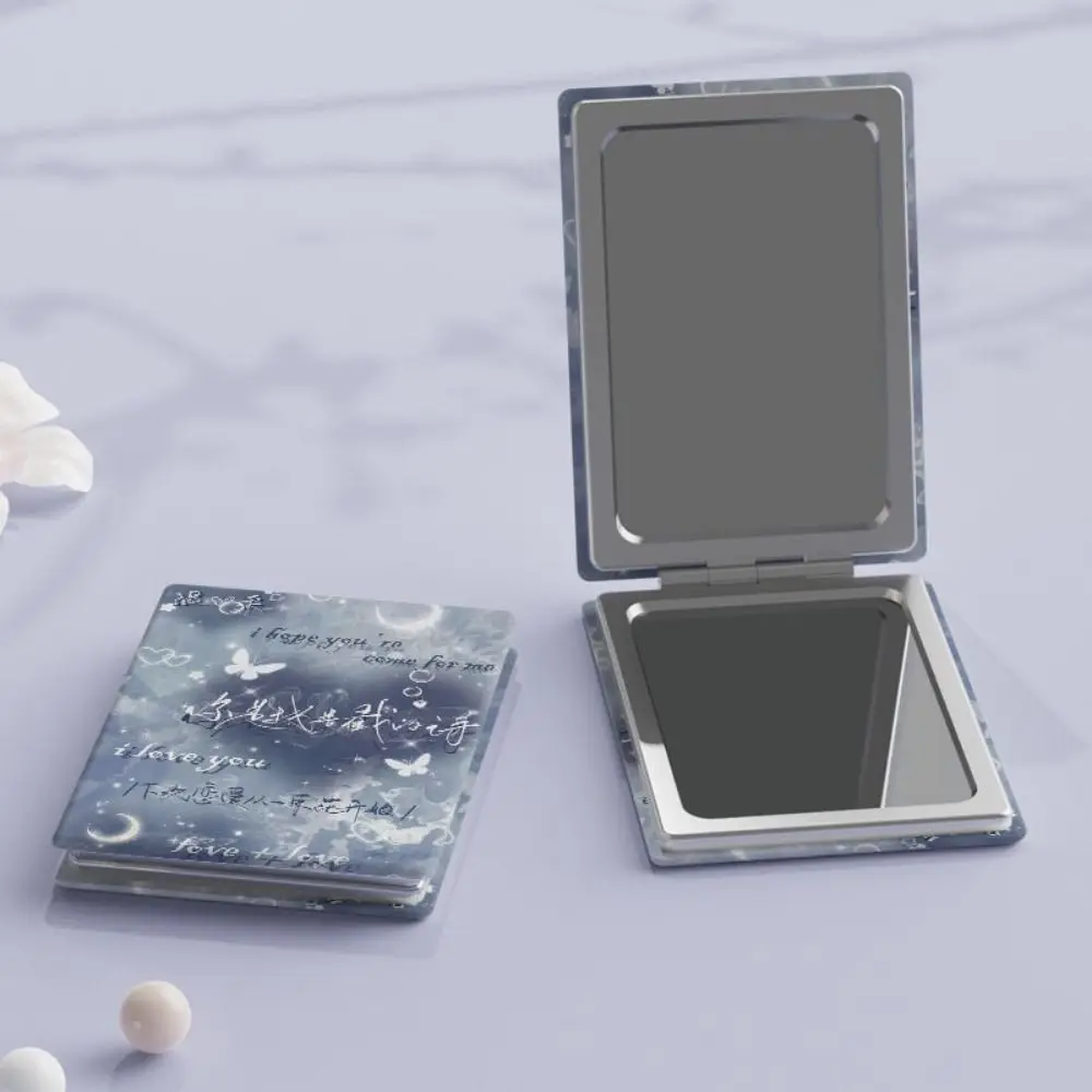 PU Folding Makeup Mirror High Definition Double-sided Foldable Cosmetic Mirror Tulip Blue Rose Rectangle Pocket Mirror Travel