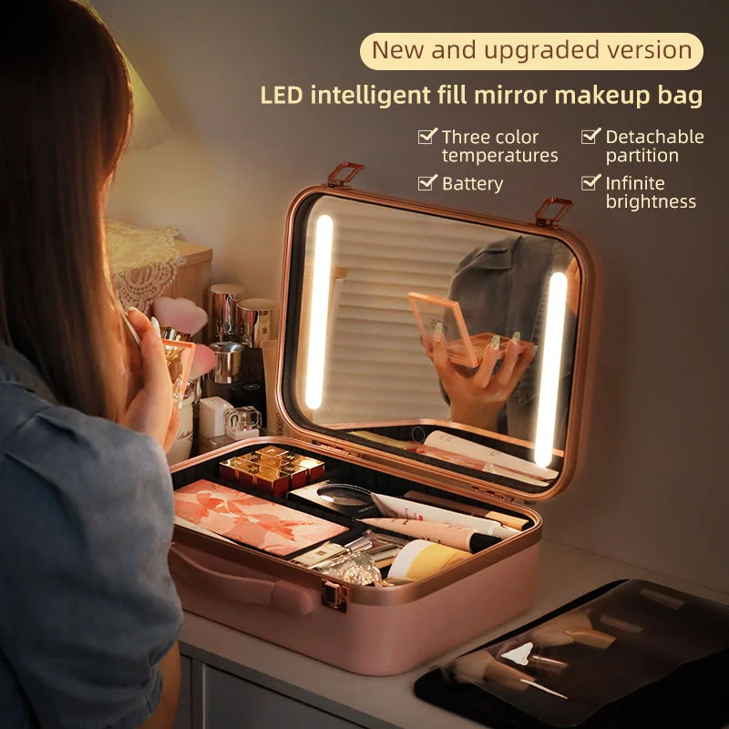 Large Capacity Portable Cosmetic Storage Case With LED Adjustable Light Mirror Professional Makeup Case Travel Beauty Storage
