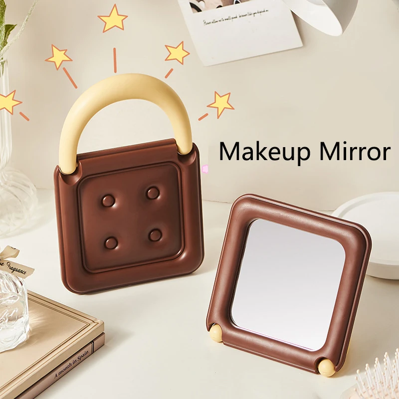 New Portable Foldable Makeup Mirror Girl Desktop Mirrors for Home Student Dormitory Cute Chocolate Biscuit Handbag Design Mirror