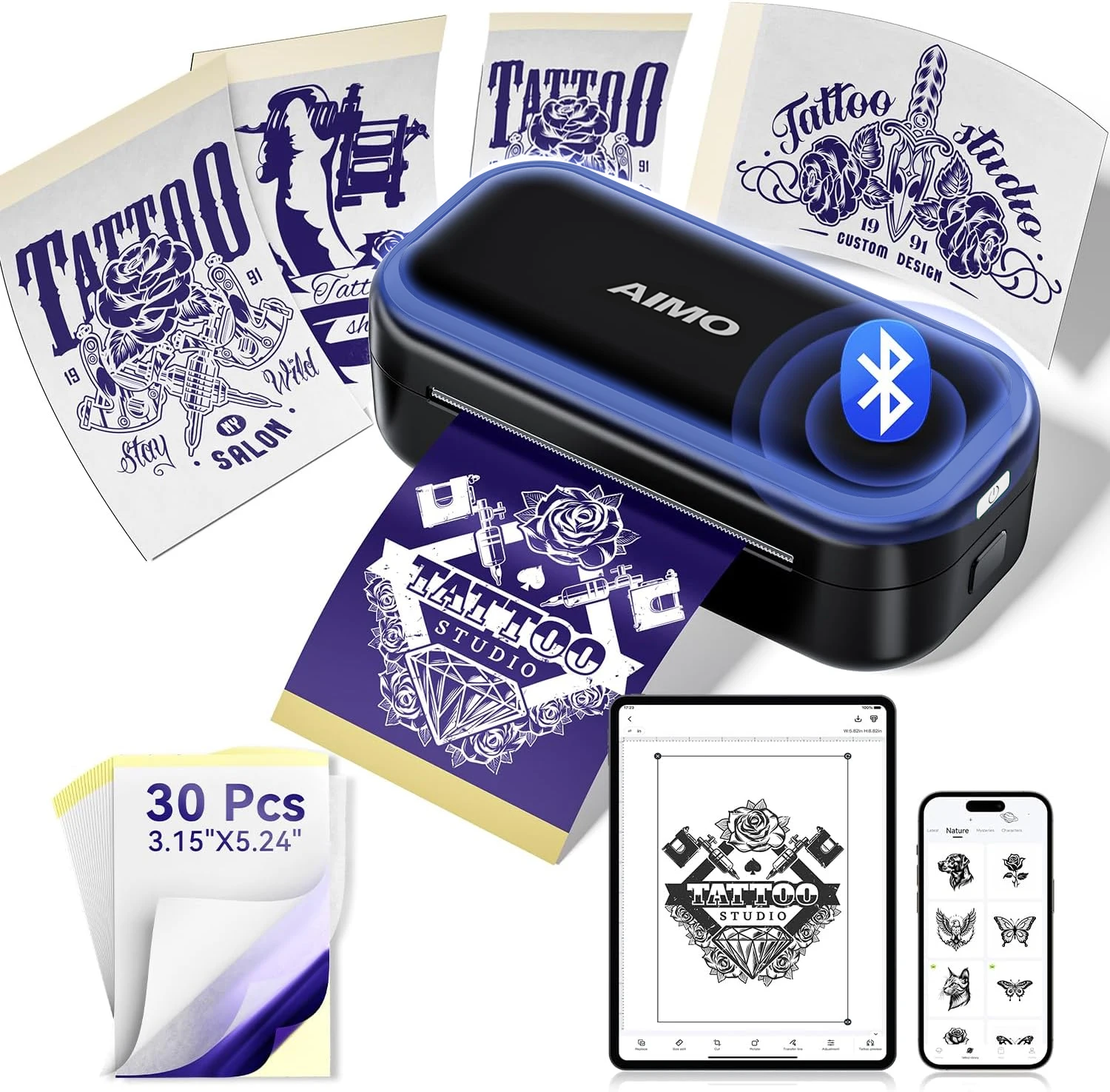 AIMO MR3 Mini Tattoo Template Transfer Machine Wireless Bluetooth Printer Compatible Smartphone & PC 30pcs Tattoo Transfer Paper