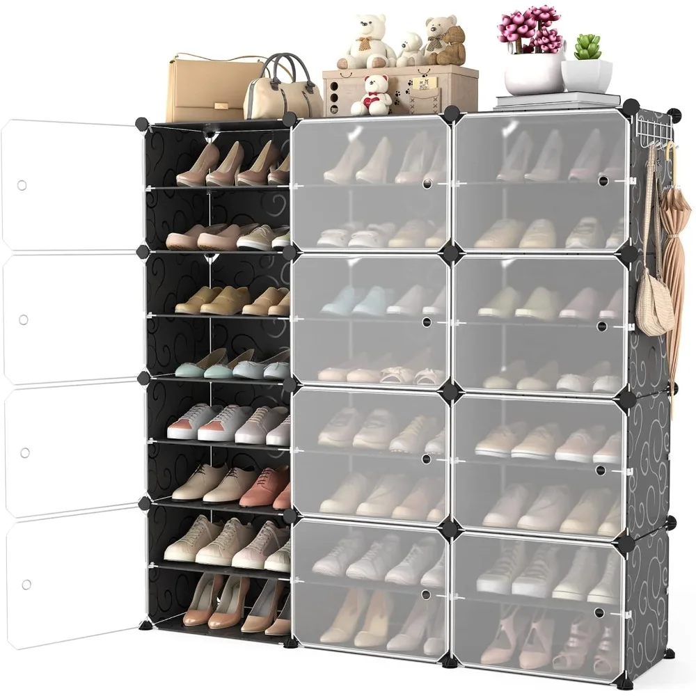 portable shoe rack organizer with door, 48 pairs shoe storage cabinet easy assembly, plastic adjustable shoe organizer stackable