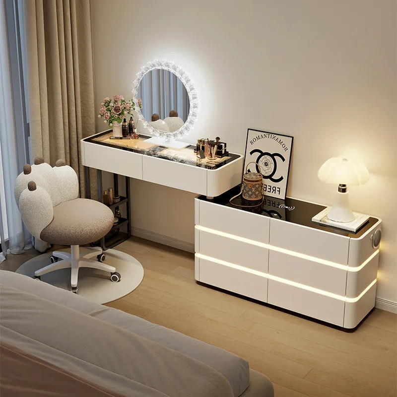 Modern Dressing Table Vanity Desk with Wireless Charge Station Bluetooth Glass Top LED Mirror with 6 Drawer Storage Side Cabinet
