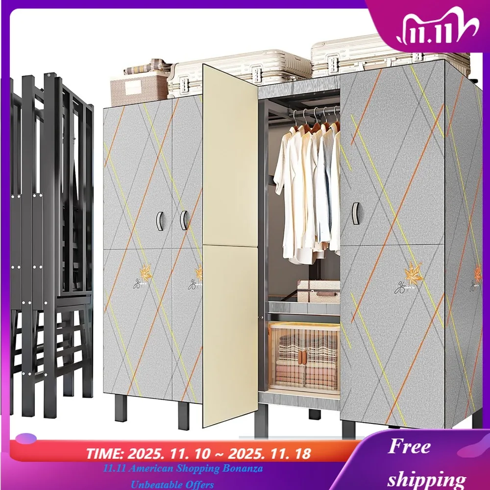 Heavy Duty Portable Foldable Clothes Rack with Cover Magnetic Door Metal Wardrobe Closet with Hanging Rods for Home Customized