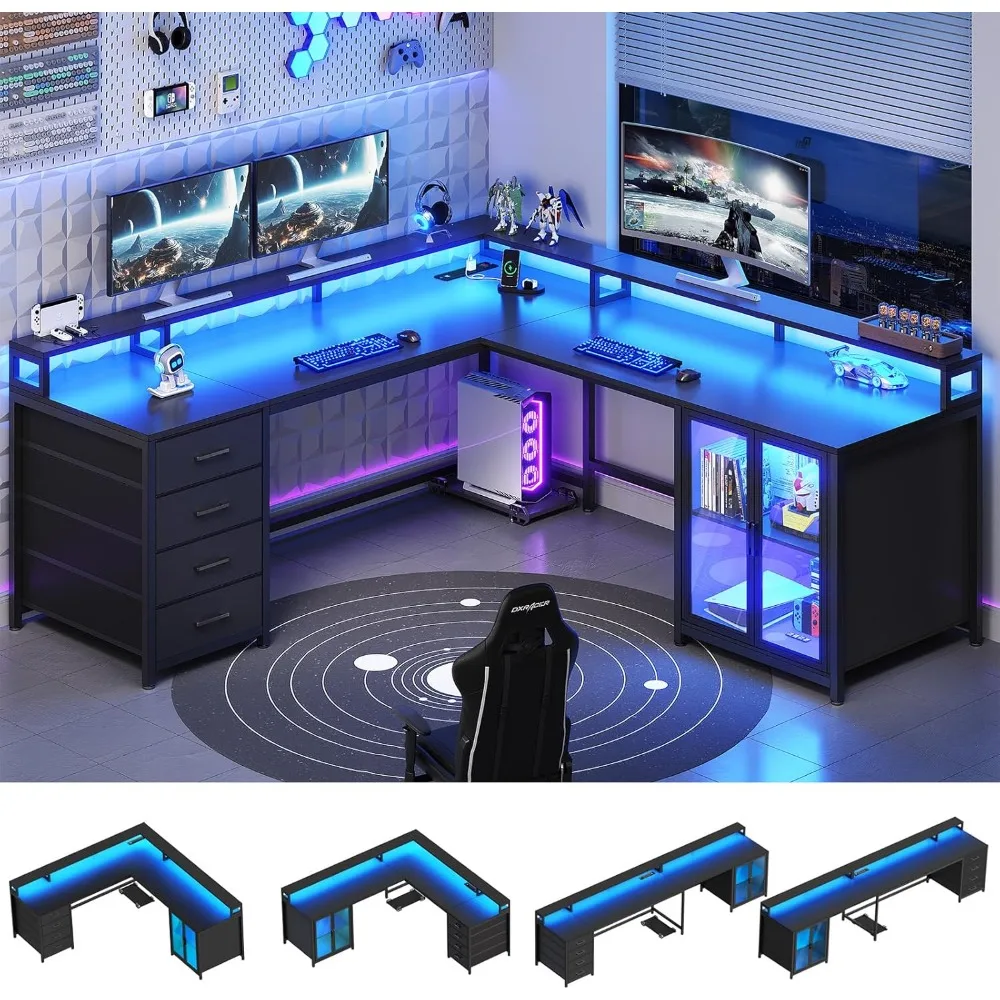 -ForL Gaming Desk with 4 Drawers, 109” Computer Desk with Display Cabinet, Home Office Desks with 2 Monitor Stands, CPU Stan&