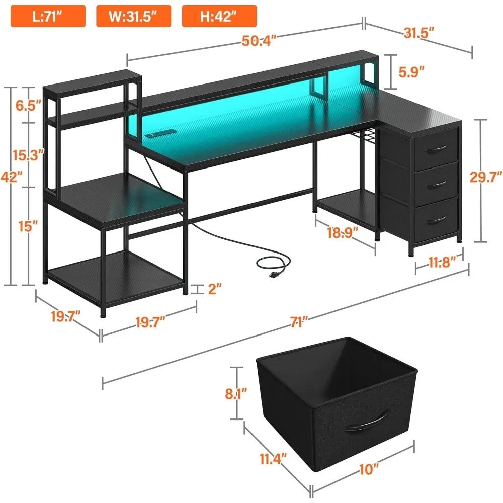 71 L-shaped gaming table with 3 drawers and handles, foldable corner computer desk, with monitor stand and power outlet