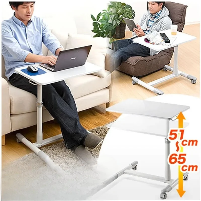 Japanese Style Computer Desk with Brake Wheels, Adjustable Bedside Table, Keyboard and Mouse Holder, Home Sofa Side Stand