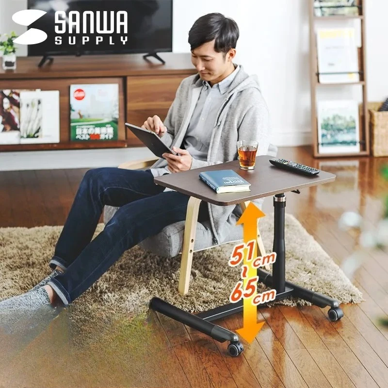 Japanese Style Computer Desk with Brake Wheels, Adjustable Bedside Table, Keyboard and Mouse Holder, Home Sofa Side Stand